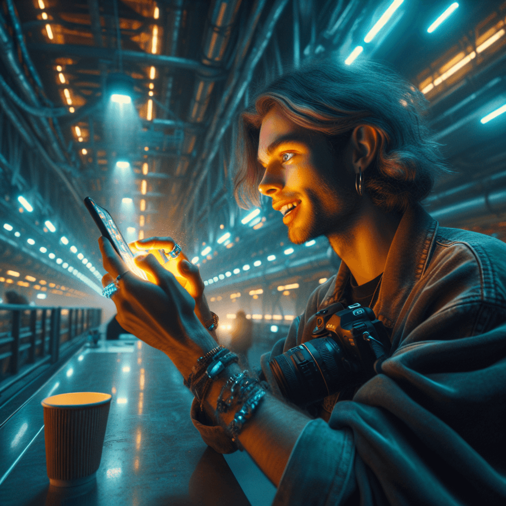 Suasana jembatan kapal alien dengan lampu UV dan golden hour