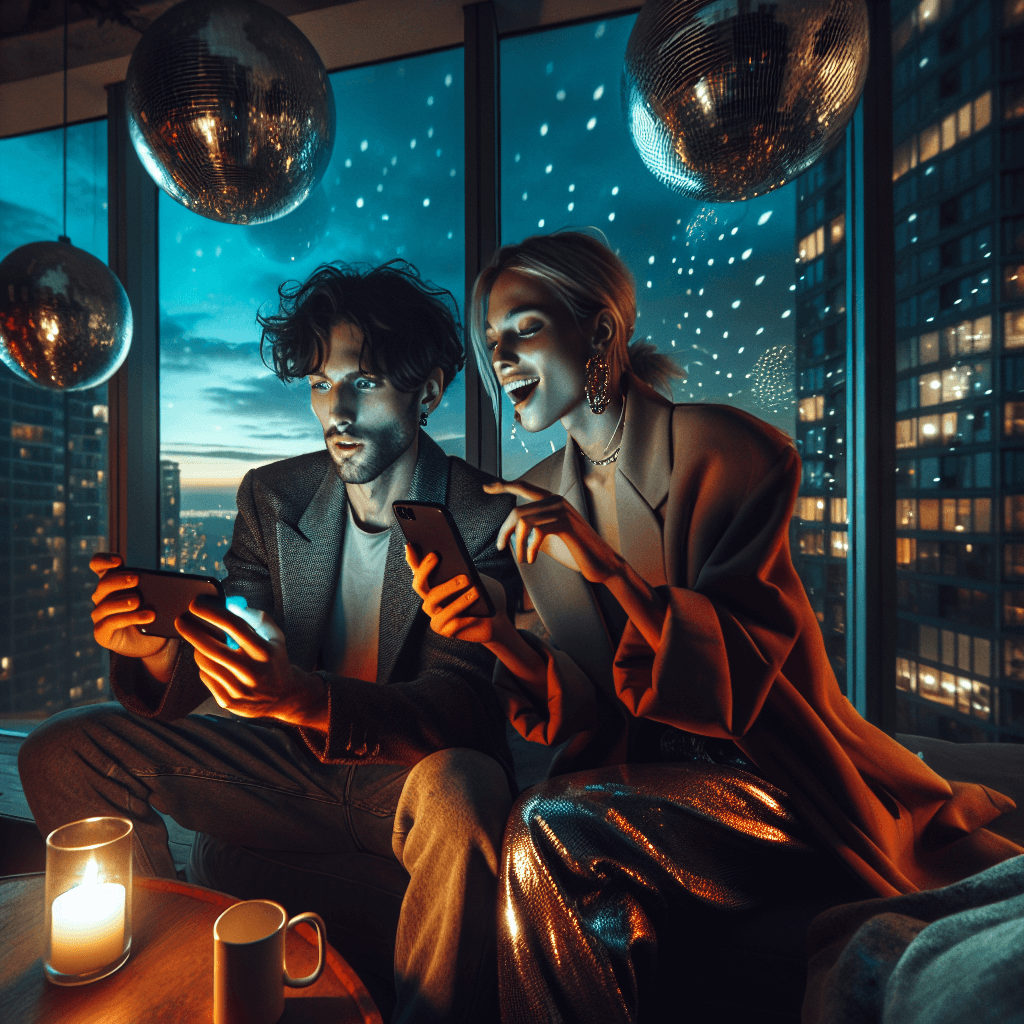 Penthouse minimalis dengan cahaya disco ball di senja, nuansa akhir zaman yang inspirasional