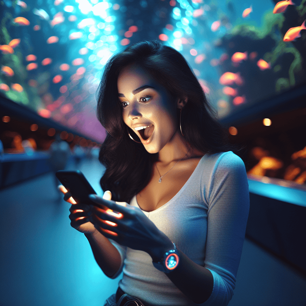 Suasana terowongan akuarium tropis malam hari, lampu UV menyala