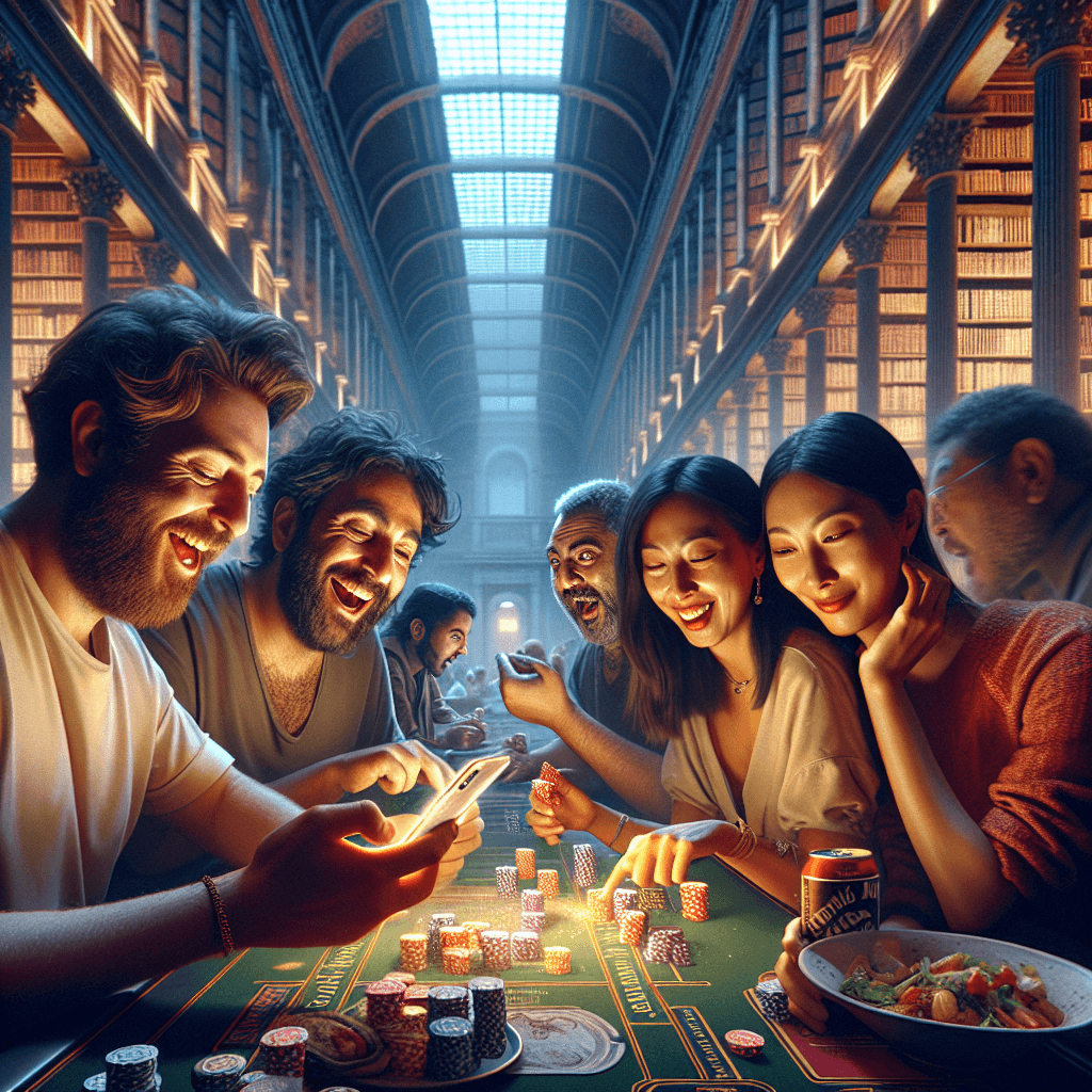 Gambaran suasana perpustakaan kuno dengan cahaya neon di senja