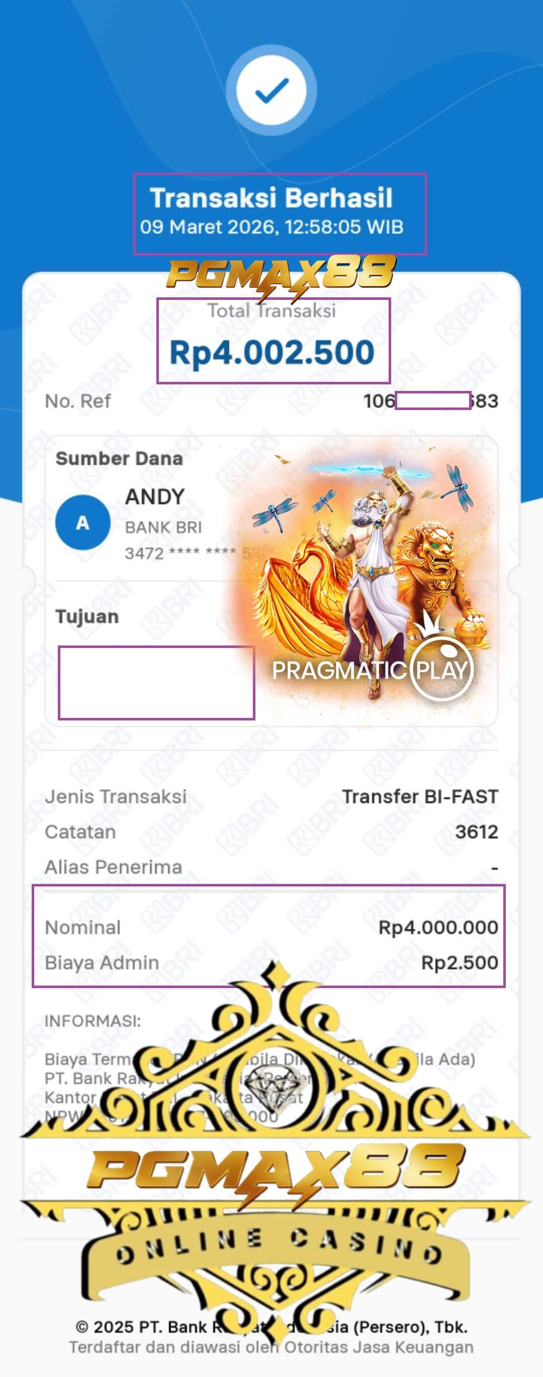 Bukti transfer bank dari kemenangan bluffing gue