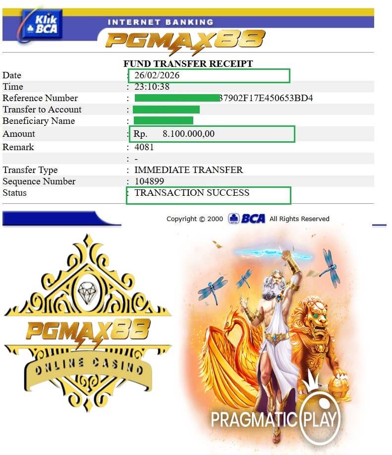 Bukti transfer bank dari kemenangan kasino online