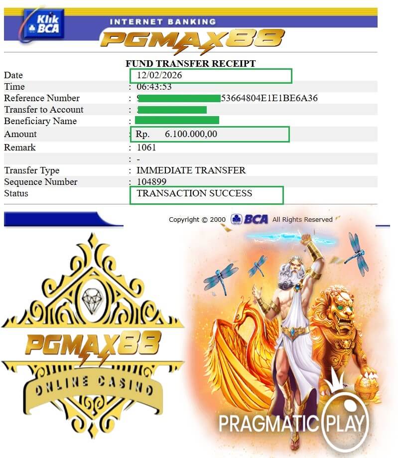 Bukti transfer kemenangan dari sesi malam ini