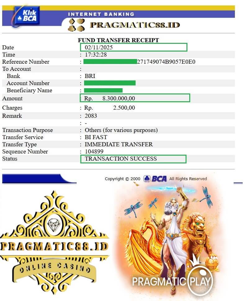 Bukti transfer kemenangan jackpot malam itu