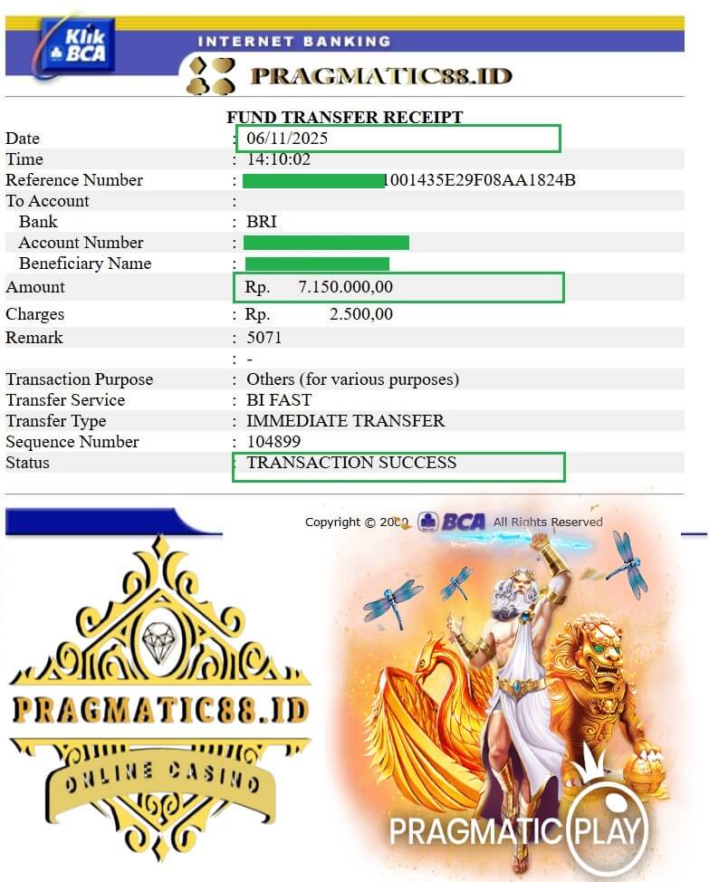 Bukti transfer bank dari kemenangan gaming