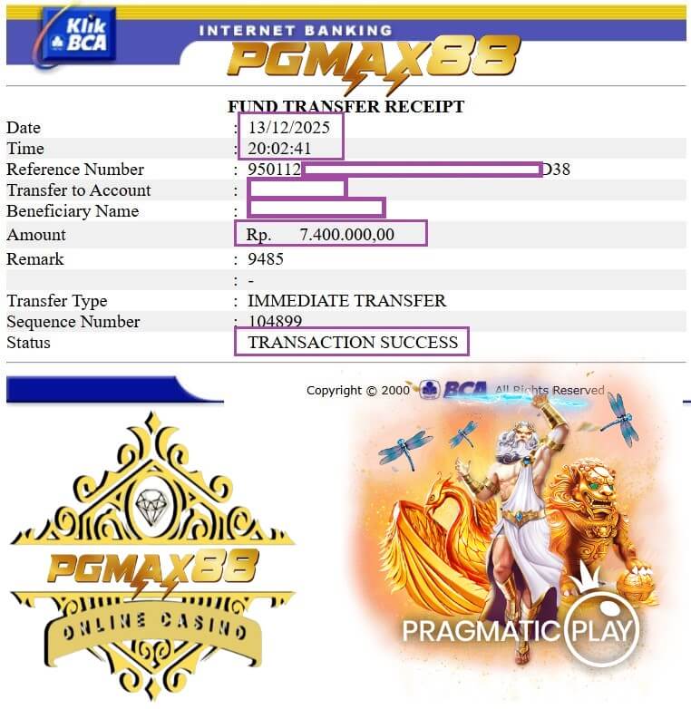 Bukti transfer payout dari Mega888 ke rekening bank gue