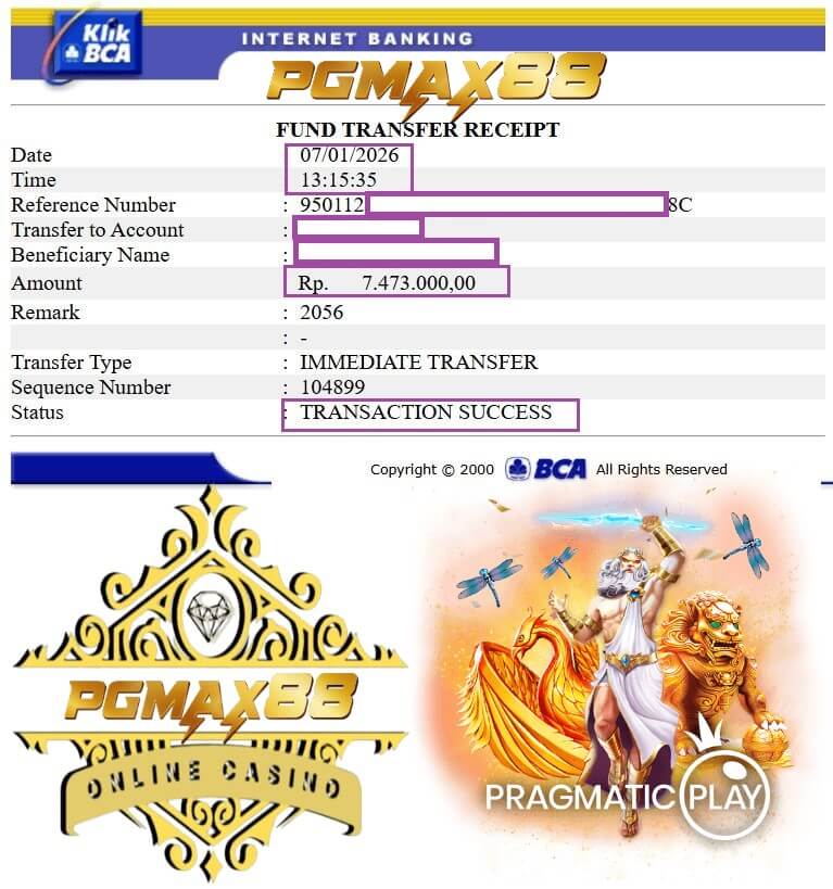 Bukti transfer bank dari Mega888 setelah menang besar