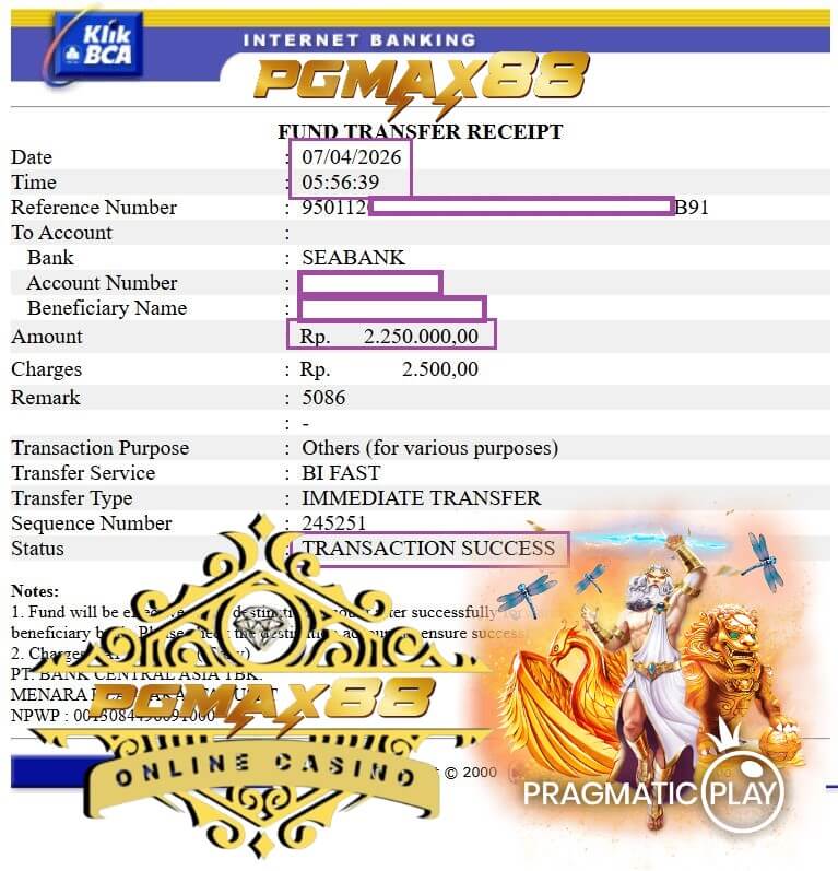 Slip transfer bukti kemenangan jackpot