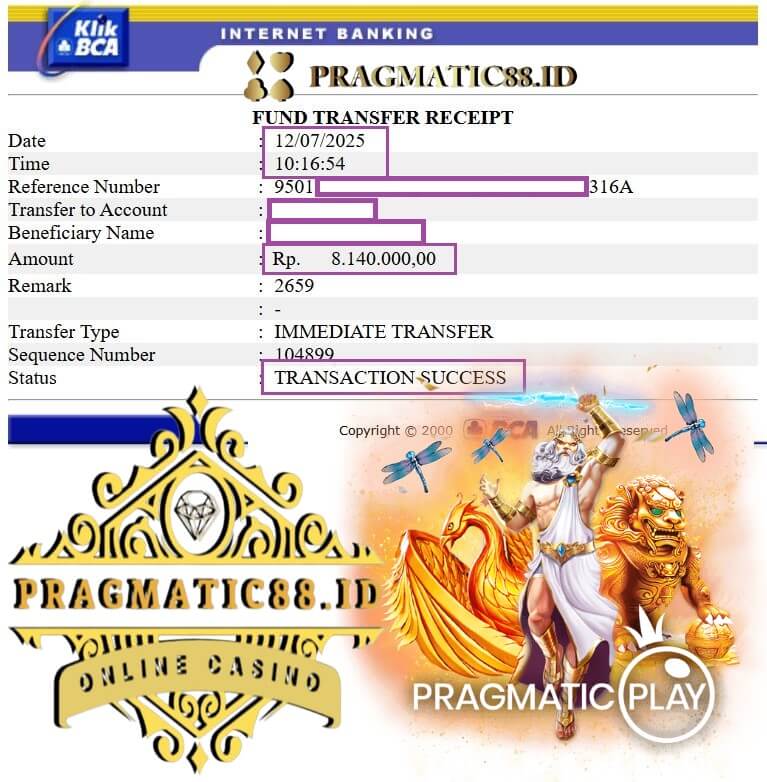 Bukti Transfer Bank dari Kemenangan Habanero