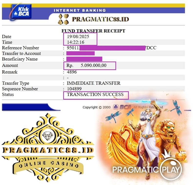 Bukti transfer kemenangan dari Live22