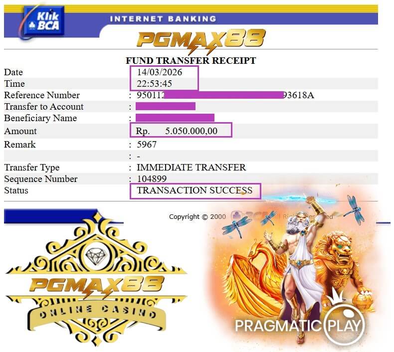 Bukti transfer kemenangan dari Live22 ke rekening bank