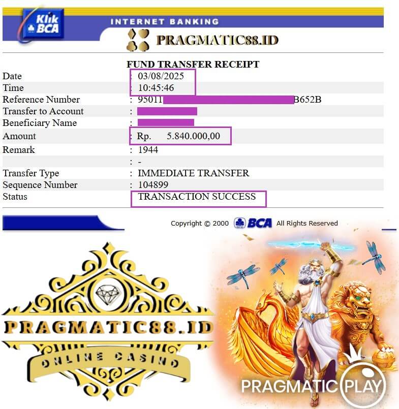 Bukti transfer kemenangan kami di Mega888