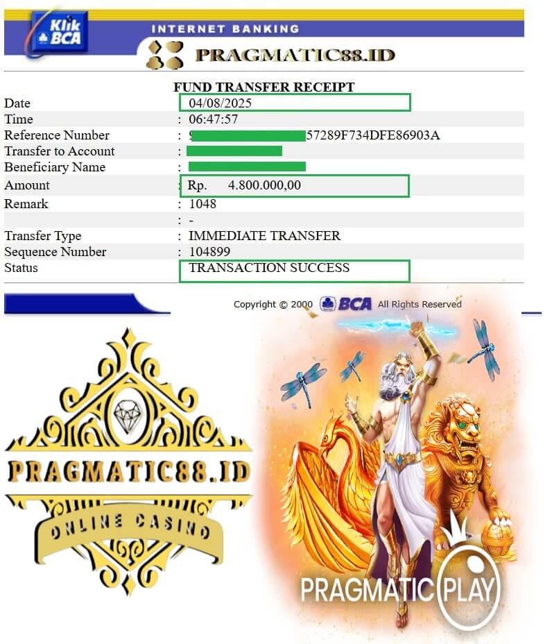Bukti transfer kemenangan Emma Johnson di Ace333
