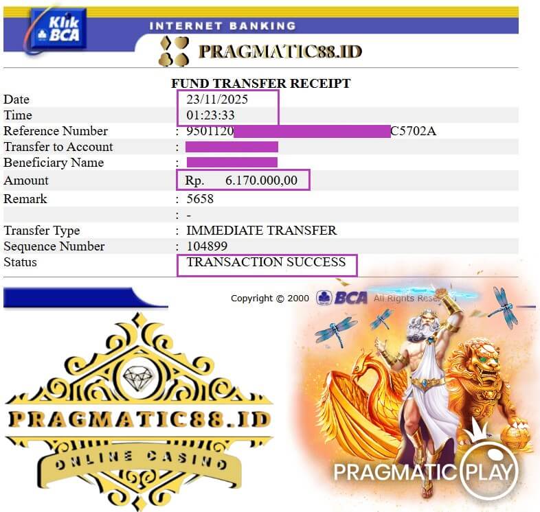 Bukti transfer bank dari kemenangan Live22