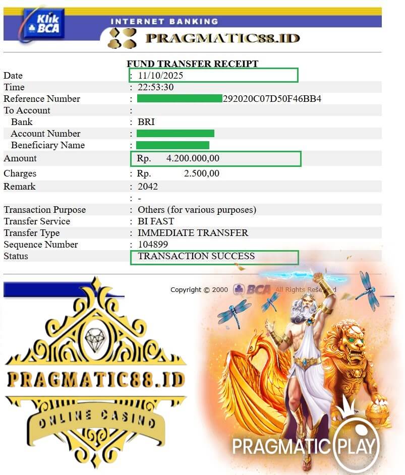 Bukti transfer kemenangan dari Ace333