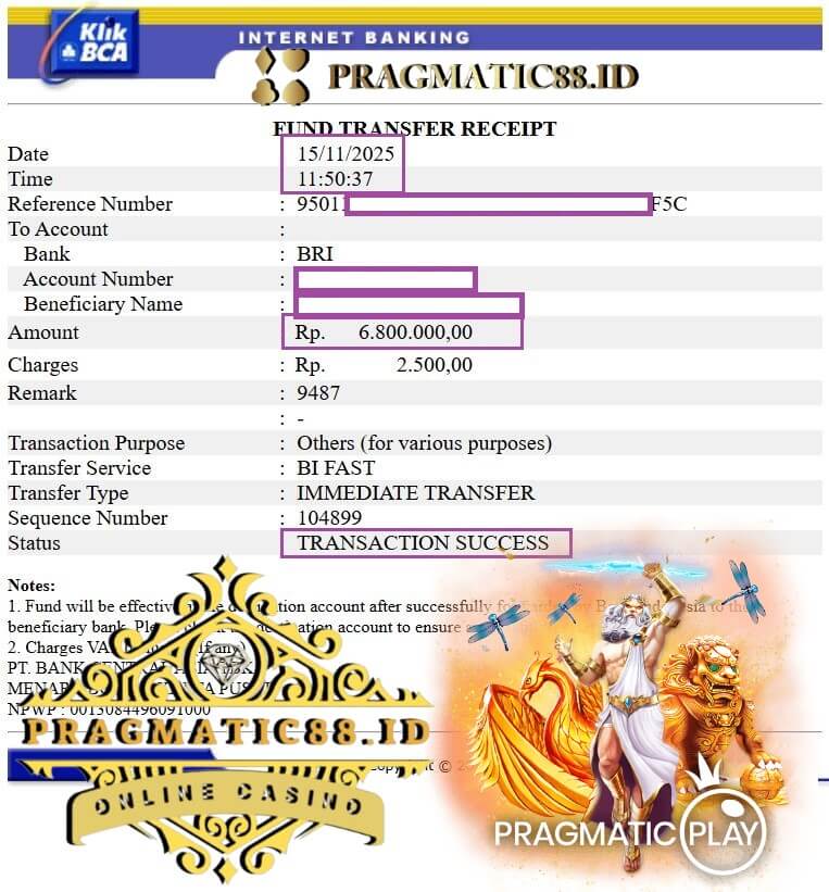 Bukti transfer jutaan rupiah masuk rekening