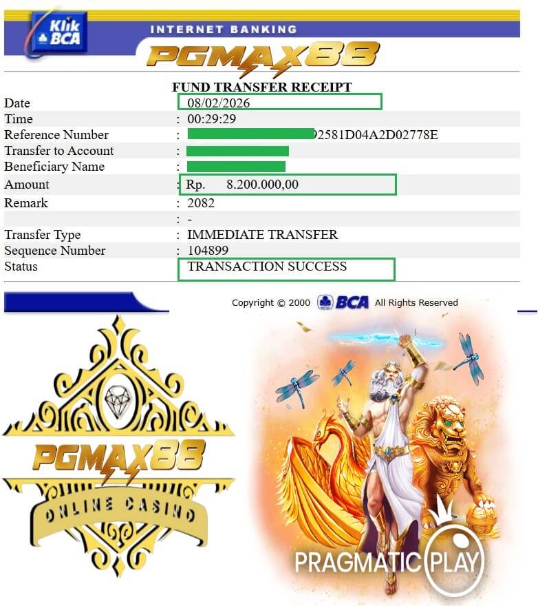 Bukti transfer kemenangan gaming ke rekening bank