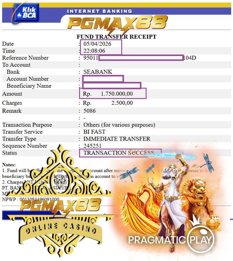 Bukti transfer ke rekening player, nominal gede banget!