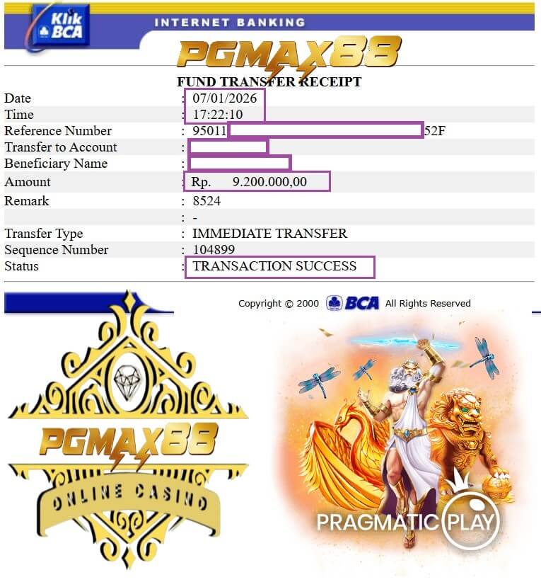 Bukti transfer bank dari kemenangan 918Kiss, nominal gede banget!