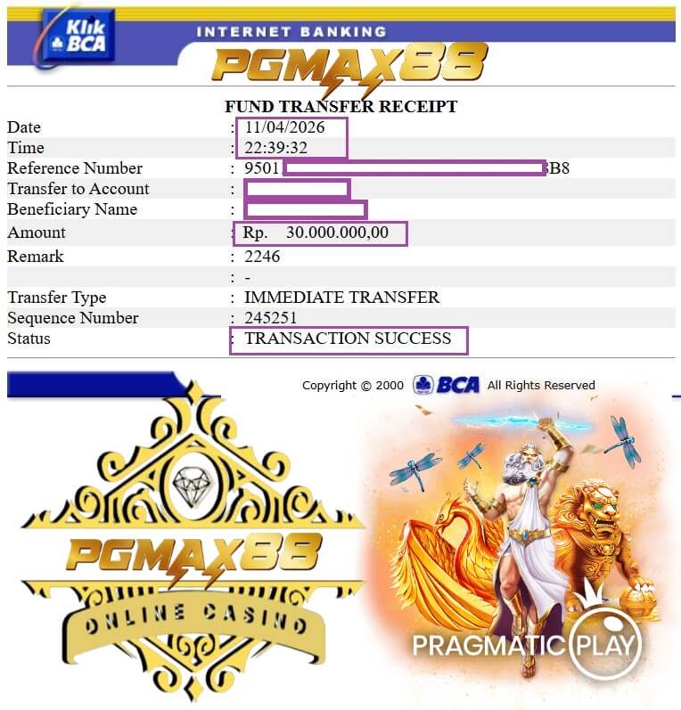 Bukti transfer jackpot Mega888 ke rekening gue