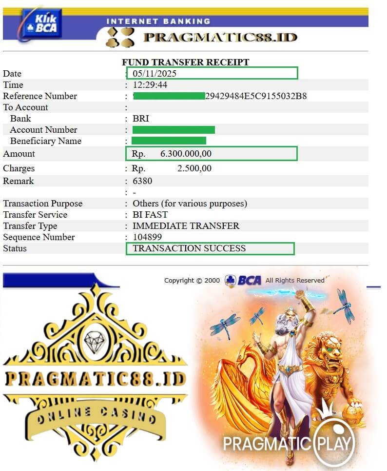 Bukti transfer bank dari kemenangan Joker123