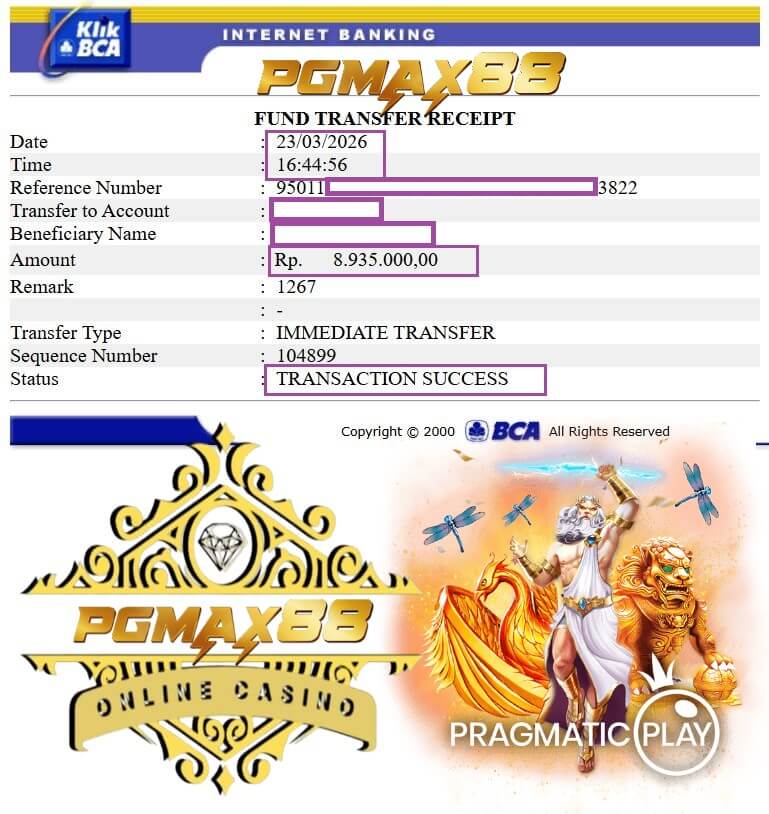 Slip transfer bank bukti kemenangan dari Pussy888