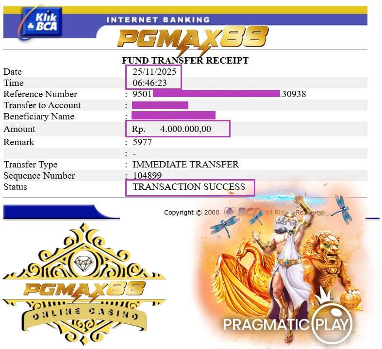 Bukti transfer jackpot ke rekening bank