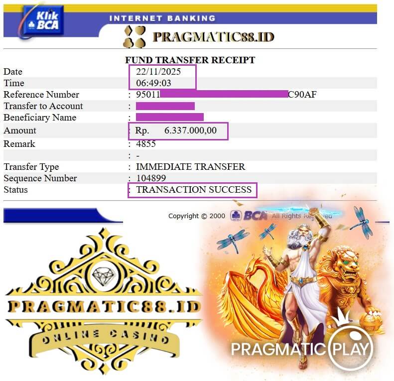 Bukti transfer bank dari kemenangan Live22