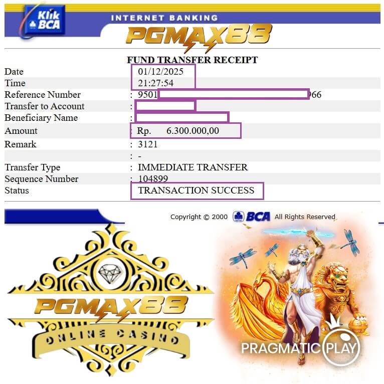 Bukti transfer bank dari kemenangan gue