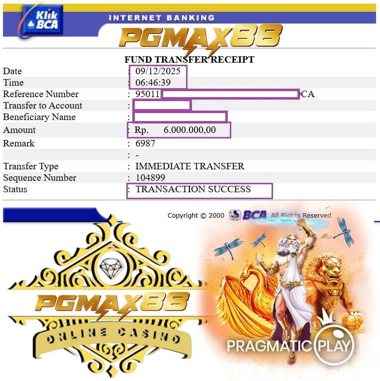 Bukti transfer bank dari kemenangan NTC33