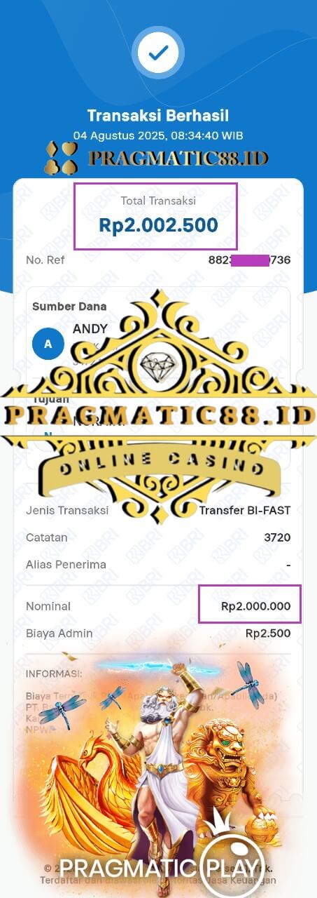 Bukti transfer bank dari kemenangan Pussy888