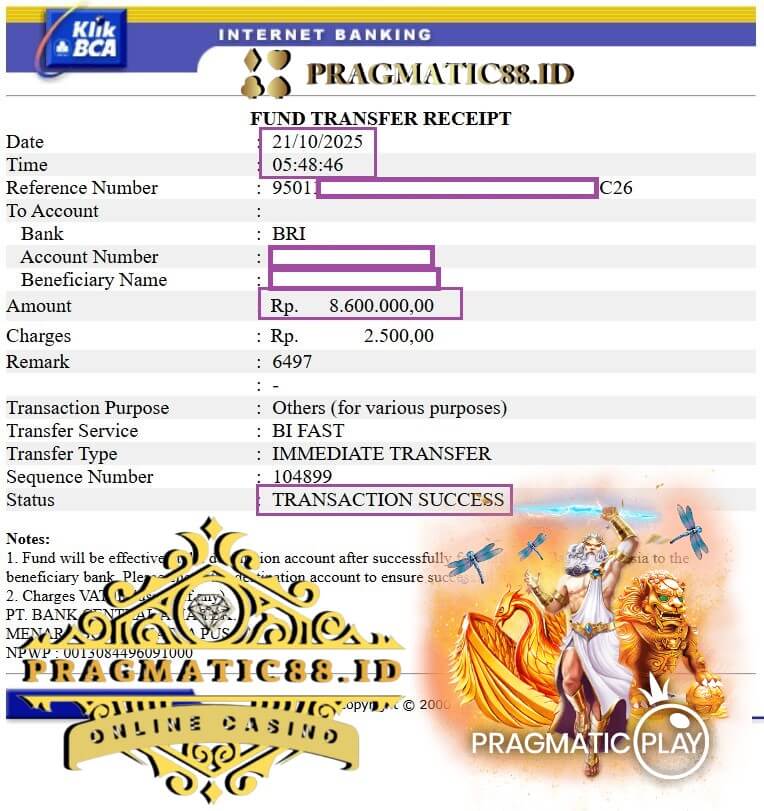 Bukti transfer bank dari kemenangan Pussy888