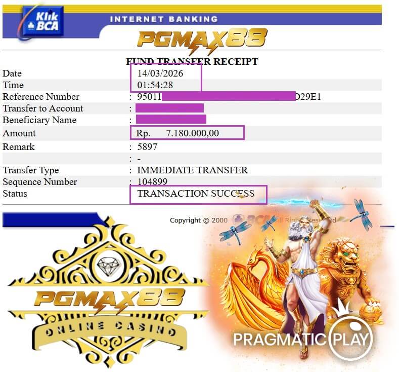 Bukti transfer bank dari kemenangan Pussy888