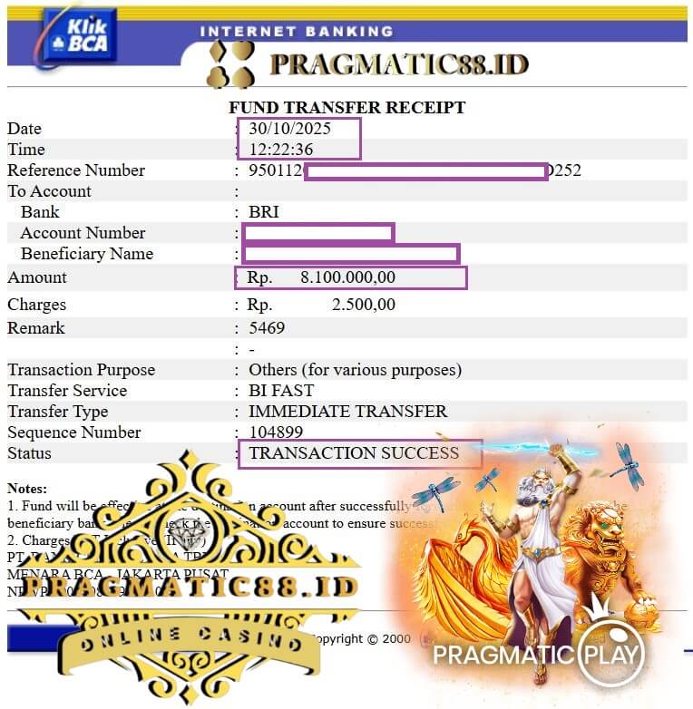 Bukti transfer bank dari kemenangan game kasino