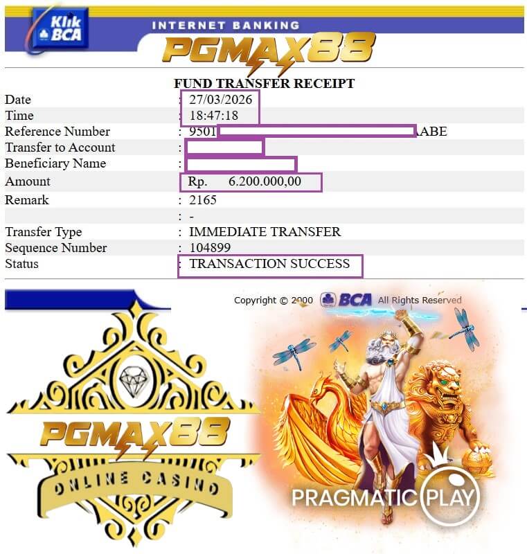 Bukti transfer bank dari kemenangan gue di Ace333