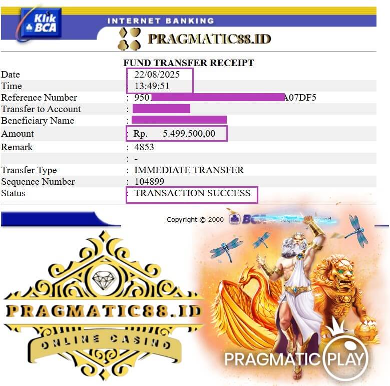 Bukti transfer bank dari kemenangan gue di Live22