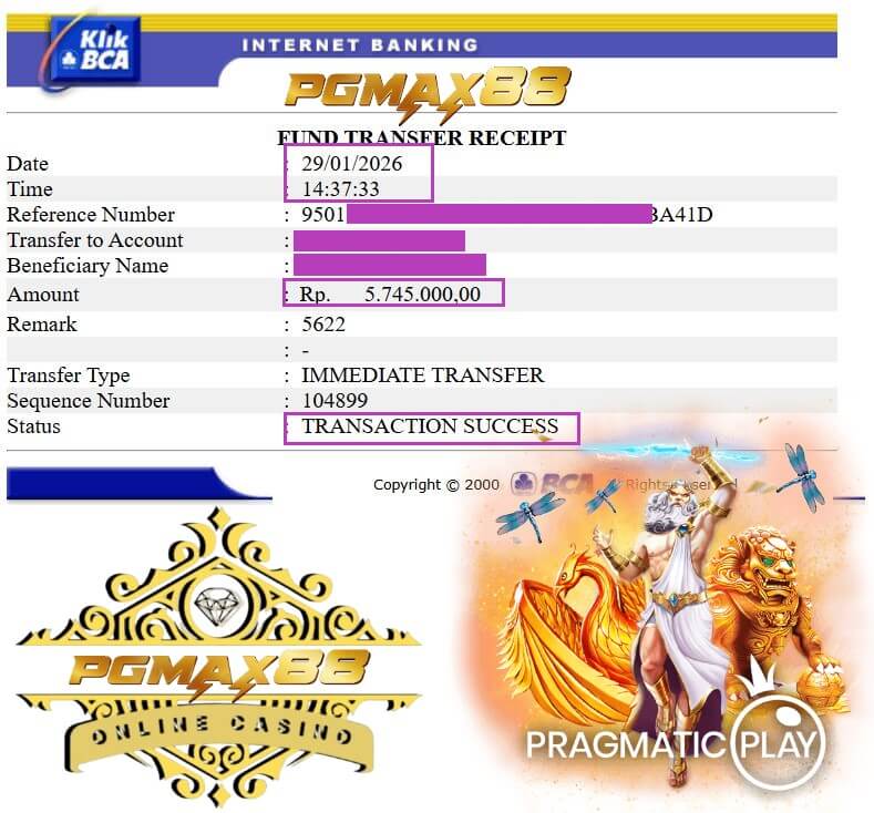 Bukti transfer bank dari kemenangan gue di Live22