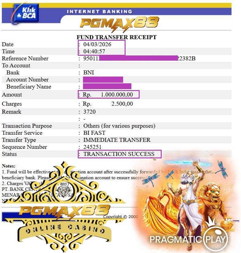 Bukti transfer jackpot ke rekening bank gw