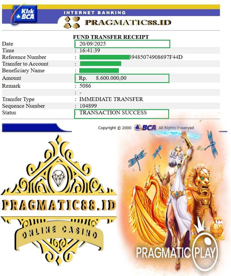 Bukti transfer bank dari kemenangan kasino