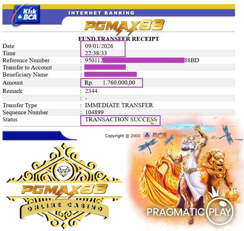 Bukti transfer bank dari kemenangan Live22