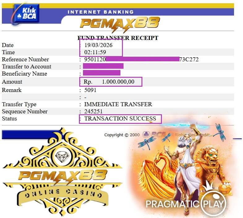 Bukti transfer kemenangan 918KISS masuk rekening