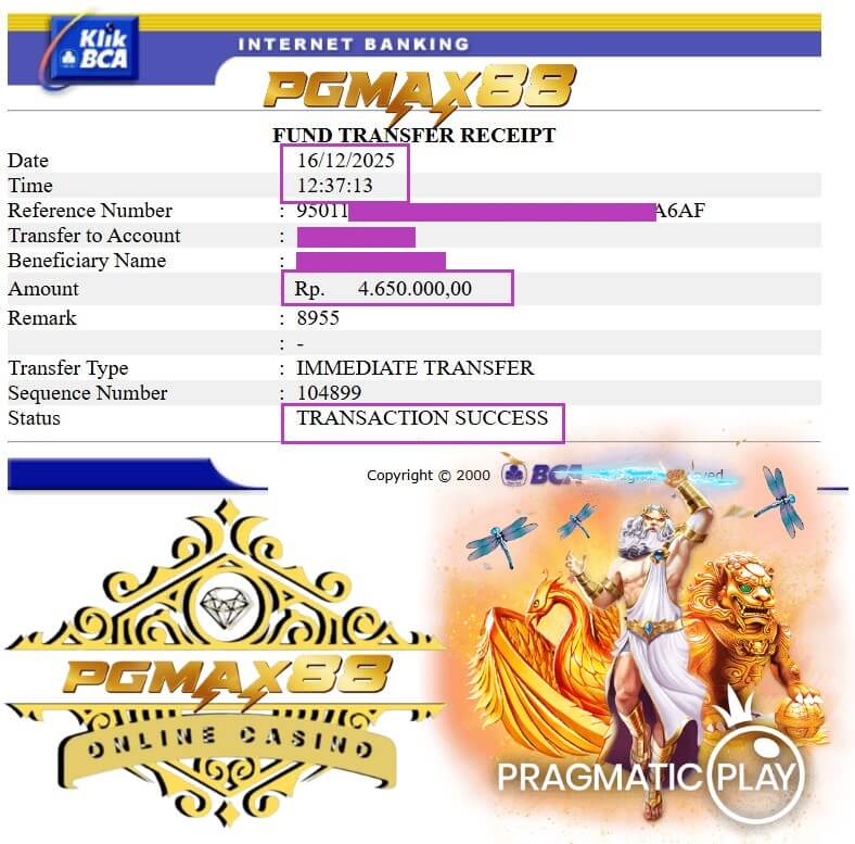 Bukti transfer jackpot ke rekening bank