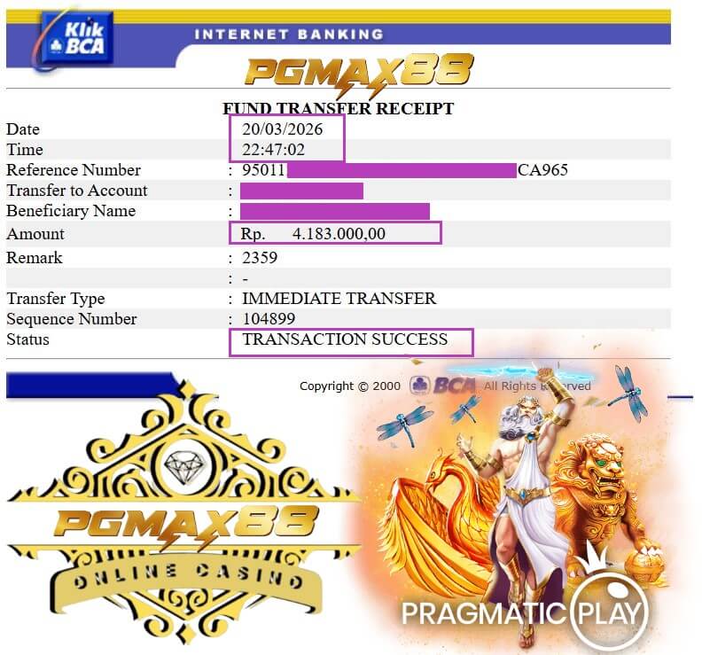 Bukti transfer bank kemenangan Live22 gue