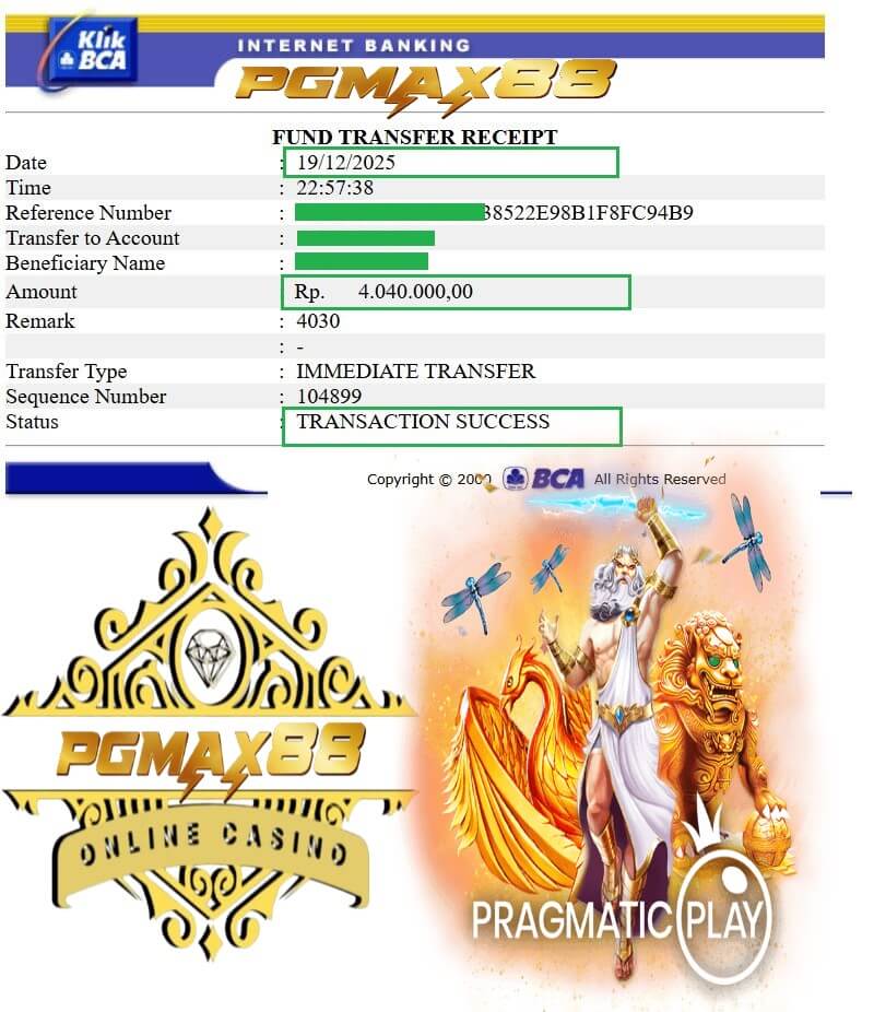 Bukti transfer ke rekening dari kemenangan kartu