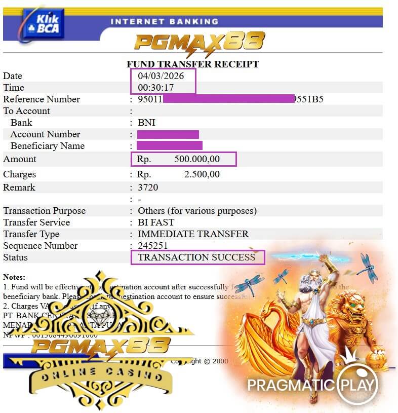 Bukti transfer kemenangan gue dari Pussy888