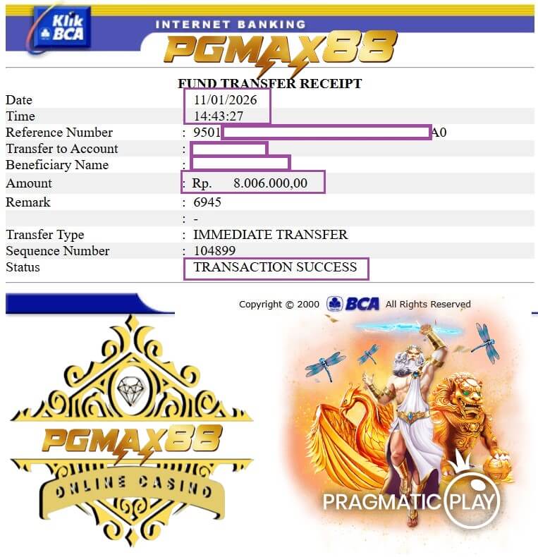 Bukti transfer bank dari kemenangan gue di 918Kiss