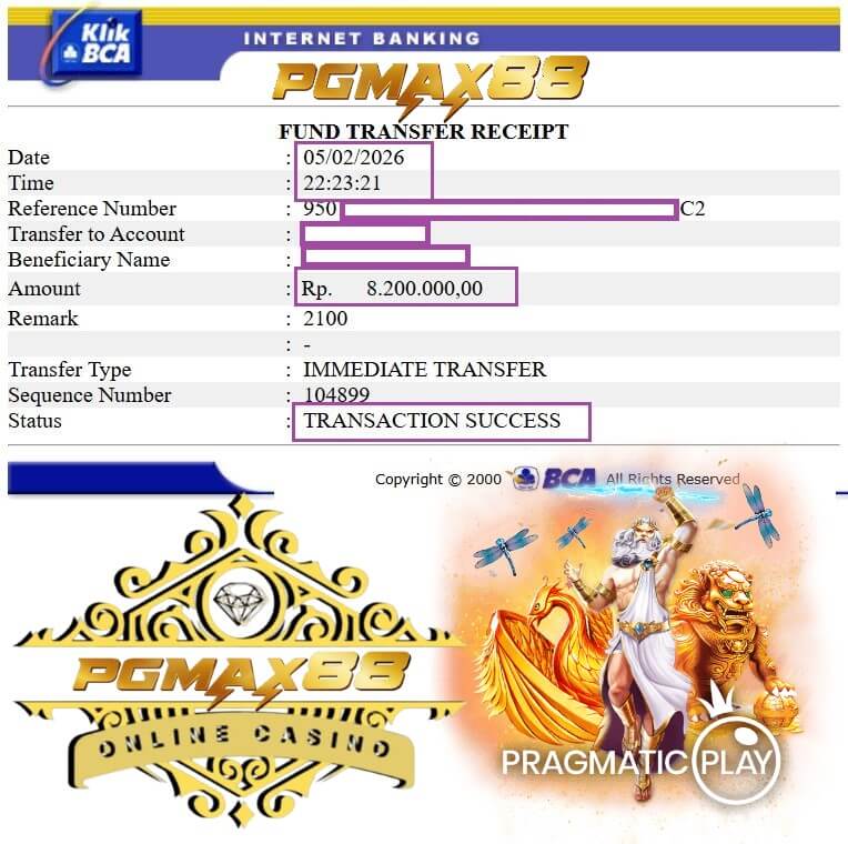 Bukti transfer bank dari kemenangan Pussy888