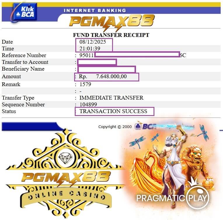 Bukti transfer kemenangan dari Pussy888 ke rekening bank