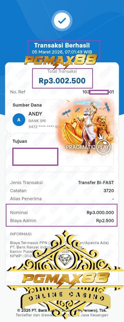 Bukti transfer bank dari kemenangan Pussy888