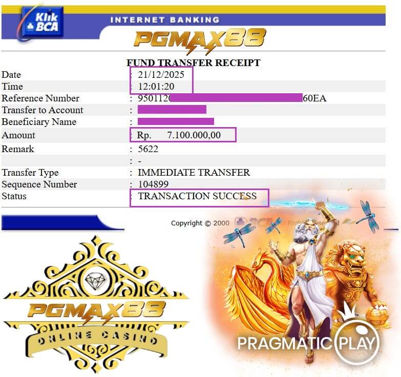 Slip transfer bank bukti kemenangan gue dari Pussy888